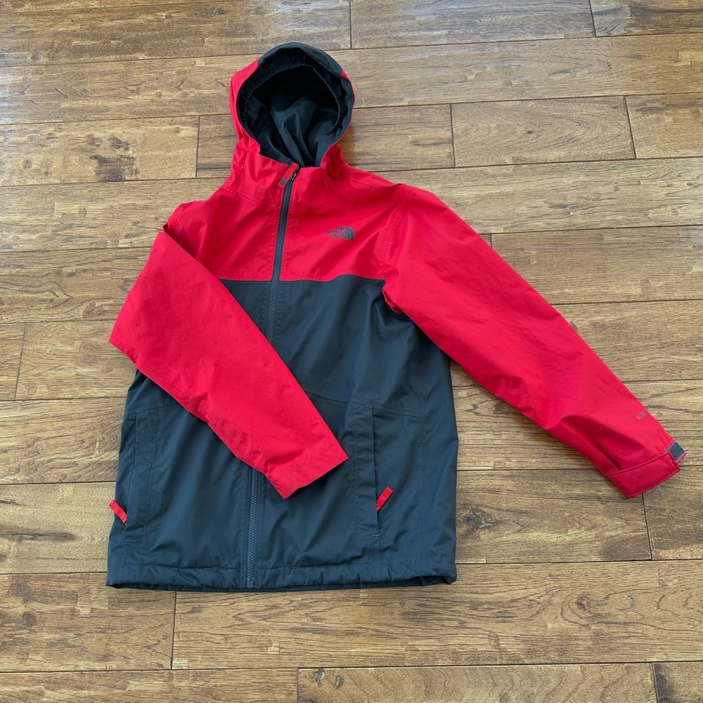 Red and Black North Face Hooded Jacket